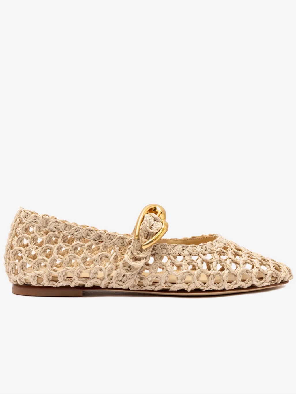 Larroude Beige Verona Macram Raffia Mary Jane Flats With Gold Buckle